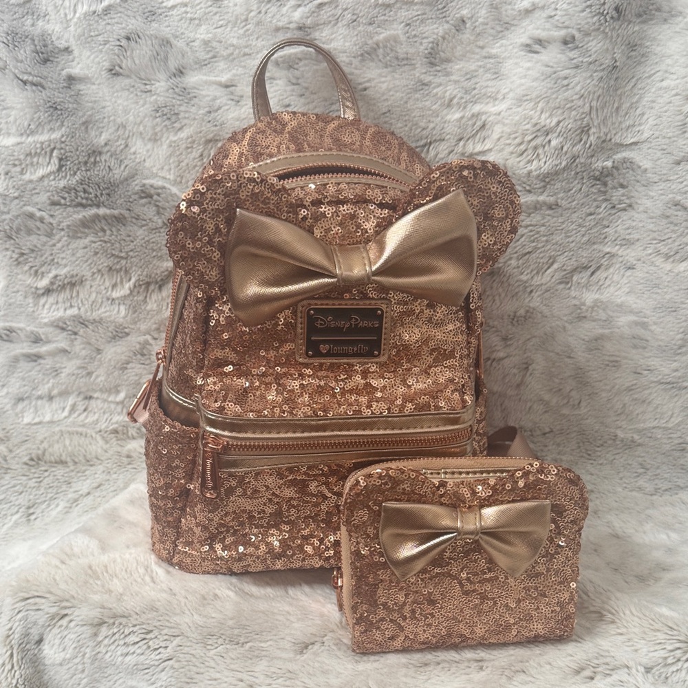 Loungefly Rose Disney Rose Gold Sequin Mini Backpack and Wallet Set